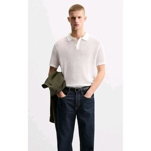 Zara Mens Large Textured Open Knit Polo Weave Lyocell Short Sleeve‎ Shirt